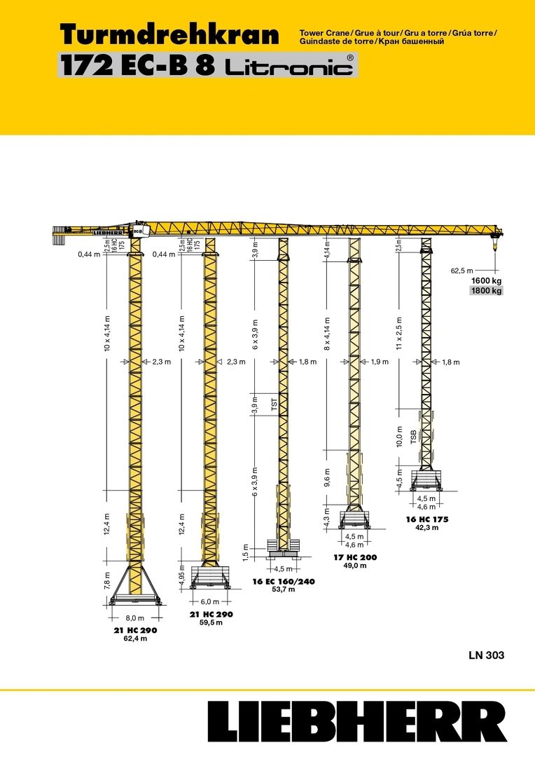 Грузовысотные характеристики башенного крана Liebherr 172 EC-B 8 Litronic