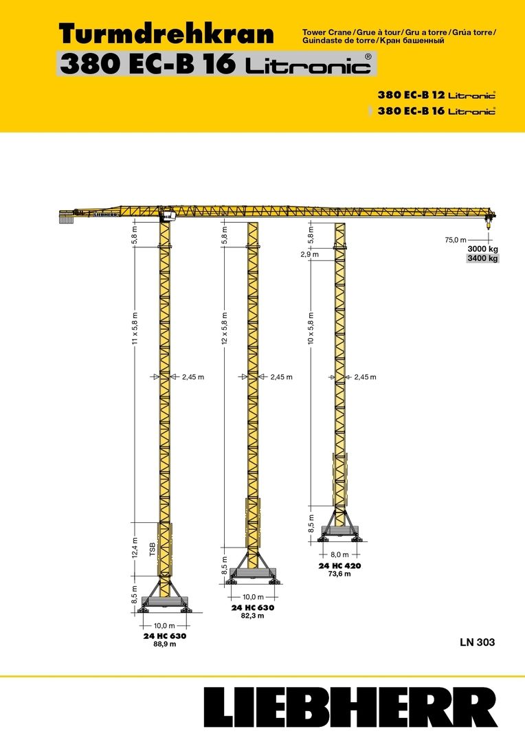 Грузовысотные характеристики башенного крана Liebherr 380 EC-B 16 Litronic